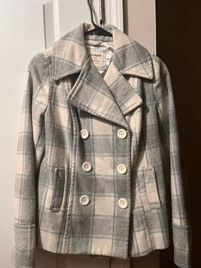 Old Navy Gray & Cream Plaid Double-Breasted Peacoat